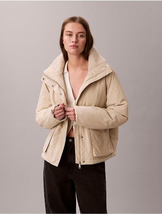 Calvin Klein Womens Sherpa Collar Relaxed Jacket - Beige - XS
