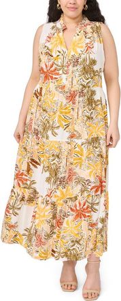 Vince Camuto Tropical Print Split Neck Tiered Maxi Dress in Wallflower at Nordstrom, Size 2X