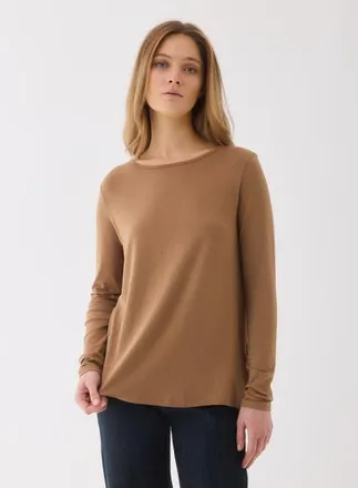 Majestic Filatures Soft Touch Long Sleeve Crewneck With Back Pleat in Camel at Nordstrom, Size 2