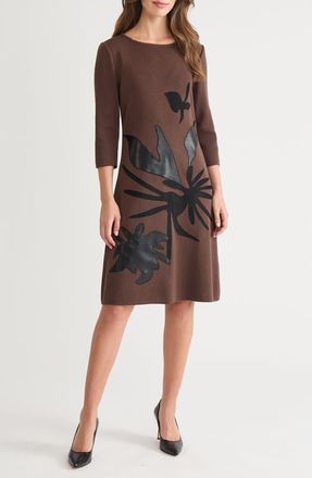 Ming Wang Botanical Appliqu&eacute; Knit Shift Dress in Dark Umber/Black at Nordstrom, Size Medium