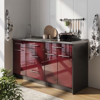 Vicco Bloque De Cocina Fame-line, Rojo Burdeos Alto Brillo, 150 Cm, Et Antracita, Vicco