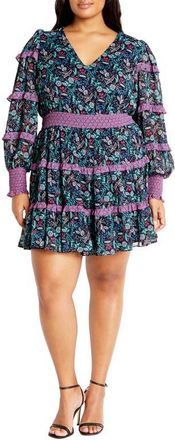 City Chic Hollie Print Long Sleeve Tiered Dress in Florentine at Nordstrom, Size Xs