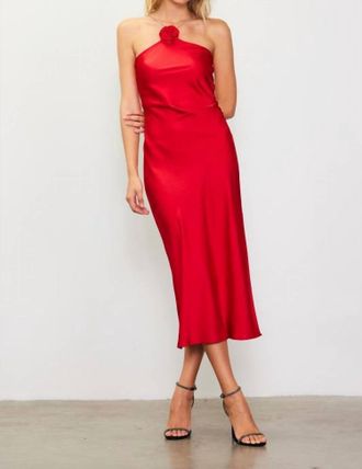 Skies Are Blue Clothing Vanessa Diamante Strap Satin Slip Halter Dress In Cherry Red