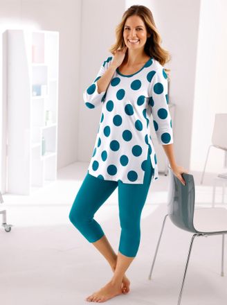 Feel Good Rundhalsshirt FEEL GOOD Longshirt, Damen, Gr. 36/38, blau (ecru, aquapetrol), 95% Baumwolle, 5% Elasthan, gemustert, gepunktet, Shirts Rundhalsshirt