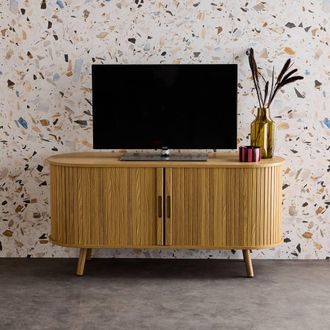 Sweeek 120cm Scandi-style Tv Unit With Grooved Wooden Effect & 2 Sliding Do in Light Brown