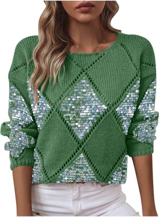 Generic Christmas Jumper 2025Fleece Diamond Pattern Crewneck Long Sleeves Sweaters Casual Comfortable Soft Tops Fleece Knit Jumpers Dating Office Travel Holid