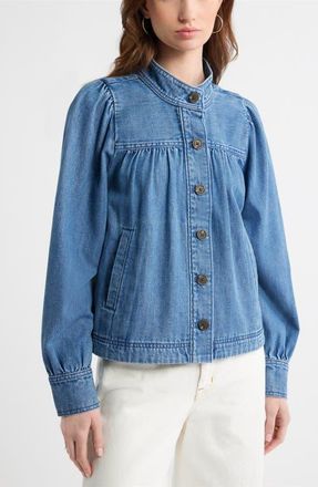Treasure & Bond Gathered High Neck Denim Jacket in Medium Wash at Nordstrom, Size X-Large