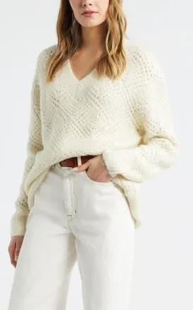 Treasure & Bond Diamond Stitch V-Neck Sweater in Ivory Dove at Nordstrom Rack, Size Xx-Large