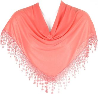 Hat To Socks Triangle Scarf with Bobbin Lace Fringes for Women (Salmon Pink)