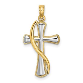 Diamond2Deal 14k Yellow Gold Rhodium Cross Drape Charm