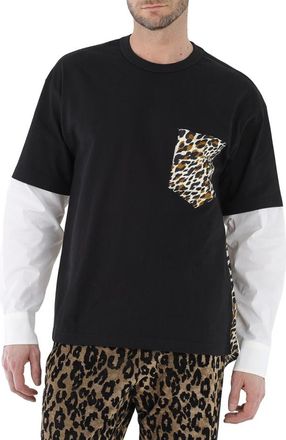 Roberto Cavalli Mens Black Hybrid Poplin Sleeve Animalier Cotton Jersey T-shirt, Size Medium