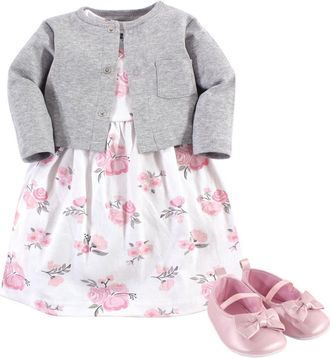 Hudson Baby Cotton Dress, Cardigan and Shoe Set in Pink Gray Floral at Nordstrom, Size 3-6M