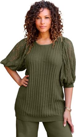 Roaman's Lace Sleeve Sweater in Dark Olive Green at Nordstrom, Size 28