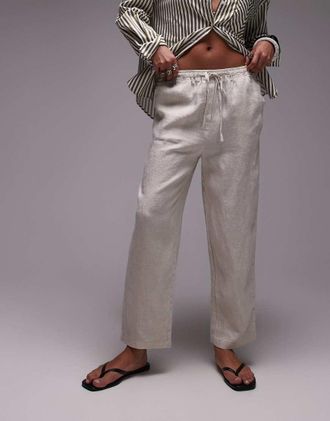 Mango tie waist linen pants in light beige-Neutral