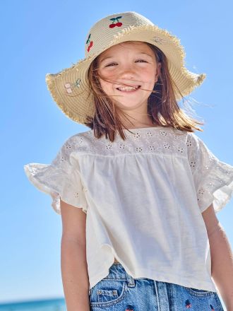Vertbaudet Blusenshirt mit Volant&auml;rmel und Lochstickerei, M&auml;dchen wollwei&szlig;