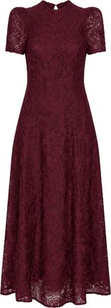 Rotate Burgundy Textured Floral Applique Mesh Flared Maxi Dress