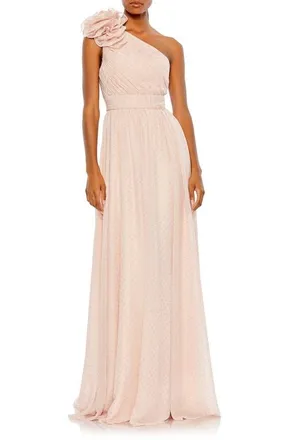 Mac Duggal Womens One Shoulder Polka Dot Chiffon Gown With Ruffle Detail in Porcelain at Nordstrom, Size 14