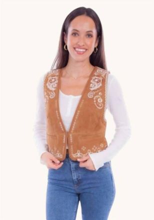 Scully Womens Embroidered Leather Vest In Brown