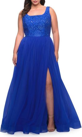 La Femme A-line Tulle and Lace Plus Size Gown with Slit in Royal Blue at Nordstrom, Size 20W