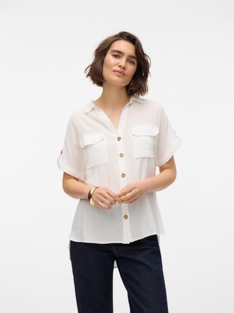 Vero Moda Kurzarmbluse VERO MODA VMBUMPY S/S SHIRT WVN GA NOOS, Damen, Gr. XS, weiss (snow wei&szlig;), Web, Obermaterial: 100% Viskose, unifarben, regular fit normal