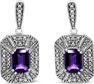 House of Brilliance Silver Diamond Accent and 7x5mm Purple Amethyst Stud Earrings in White at Nordstrom