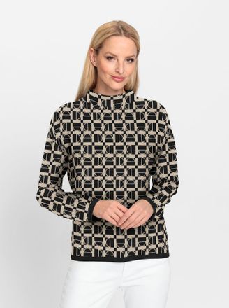 Heine Jacquardpullover HEINE Jacquard-Pullover, Damen, Gr. 40, beige (schwarz, beige, gemustert), 80% Viskose, 20% Polyamid, gemustert, mehrfarbig, Pullover
