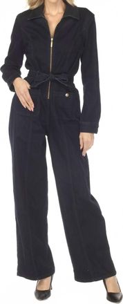 Joseph Ribkoff Zip Front Belted Denim Jumpsuit In Indigo Blue