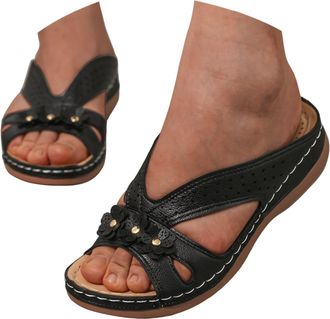 Generic Wide Fit Sandals for Women Summer Comfortable Flat Sandal with Flowers Breathable Casual Open Toe Wedge Slippers with Arch Support Casual Vacation Bea