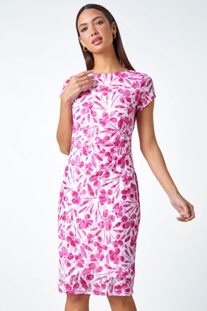 Roman Floral Lace Gathered Stretch Bodycon Dress