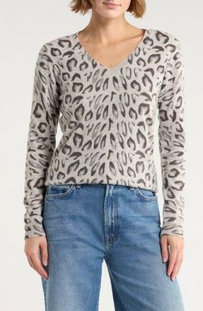 Magaschoni Leopard V-Neck Cashmere Sweater in Grey Leopard at Nordstrom Rack, Size Medium