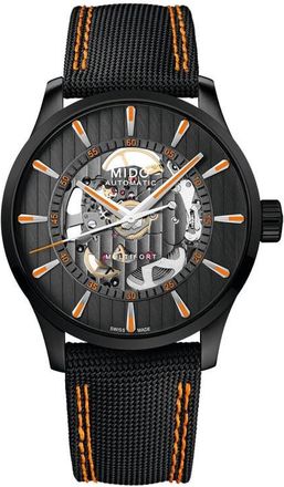 Mido Multifort Skeleton Vertigo Automatic Webbing Strap Watch, 42mm in Black at Nordstrom