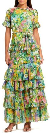 Mac Duggal Petite Floral Tiered Chiffon Dress with Ruffle Detail in Multi at Nordstrom, Size 10P