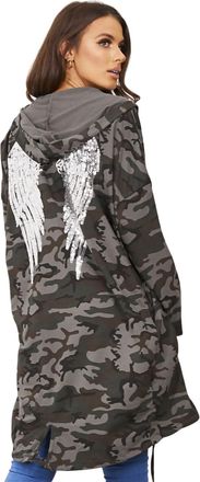 Femme Luxe J5fashion Womens Wing Pattern Hooded Cardigan, Ladies Long Sleeve Sequin Angel Wing Design Outerwear (UK, Numeric, 12, 14, Regular, Regular, Camo)