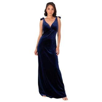 Maya Womens Long Velvet Maxi Dress Ladies A-line Flowy Wedding Guest Bridesmaid Evening Occasion Prom Formal Party Ball Gown, Navy Blue-Tie Shoulders, 18