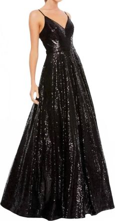 Mac Duggal Sequin V-Neck Ball Gown Dress In Black
