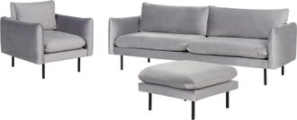Beliani Conjunto De Sala De Estar 3 Plazas Estilo Retro Moderno Sof&aacute; Sill&oacute;n Otomana De Terciopelo Gris Patas Negras Vinterbro