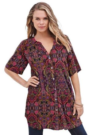 Roaman's Plus Size Angelina Crinkle Crepe Y-Neck Short Sleeve Tunic in Multi Mirrored Medallion at Nordstrom, Size 40