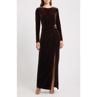 Eliza J Ruched Long Sleeve Velvet Gown in Chocolate at Nordstrom, Size 14