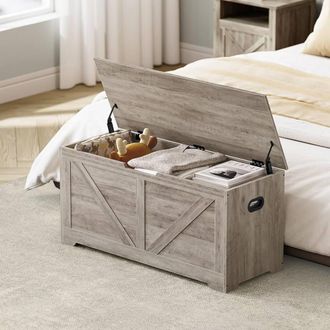 Vasagle Large Farmhouse Storage Bench Blanket Box Safety Hinges Chest in Fawn