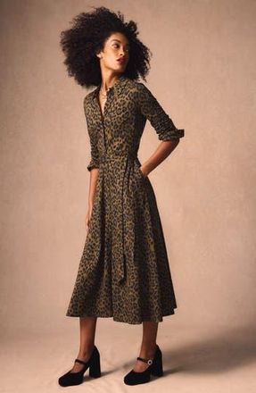 Boden Marcia Leopard Print Long Sleeve Shirtdress in Military Olive Brushed Animal at Nordstrom Rack, Size 0