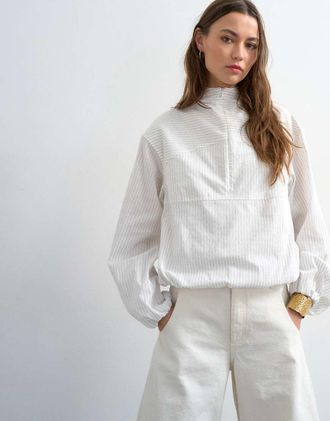 Topshop Top a maniche lunghe bianco a righe con polsini e zip