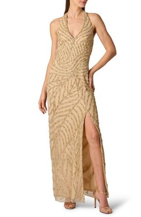 Aidan Mattox Sunburst Bead Detail Halter Neck Gown in Gold at Nordstrom, Size 12