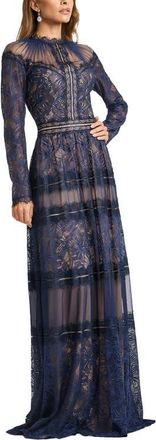 Tadashi Shoji Lace Illusion Neck Long Sleeve Gown in Royal Navy/Nude at Nordstrom, Size 16