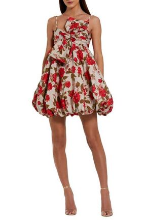 Mac Duggal Brocade Thin Strap Puff Mini Dress With Bow in White Multi at Nordstrom, Size 10
