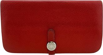 Herm&egrave;s Red Color Leather Long Wallet (Bi-Fold) (Pre-Owned)