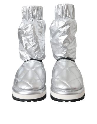 Dolce & Gabbana Metallic Silver Quilted Logo Patch Boot Womens Shoes