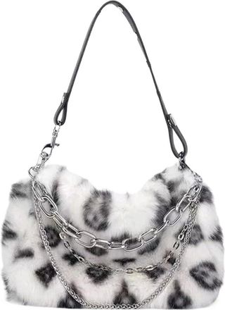 Generic Compatible For Fur Leopard Shoulder Bag Womens Autumn Ladies Print Clutch Purses Fluffy Top Handle Bags(White)