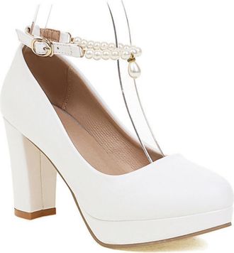 Generic Womens Platform Chunky Heel Wedding Party Shoes Ankle Strap Formal Pumps with Pearls,White,7.5 UK