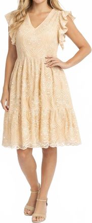 Jade Yoga Fit And Flare Flutter Sleeves Dress In Khaki Embroidered