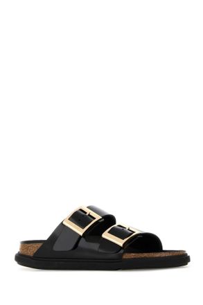 Birkenstock Womens Black Leather Arizona Slippers Db Hex Shine Black, Natural Flat Shoes